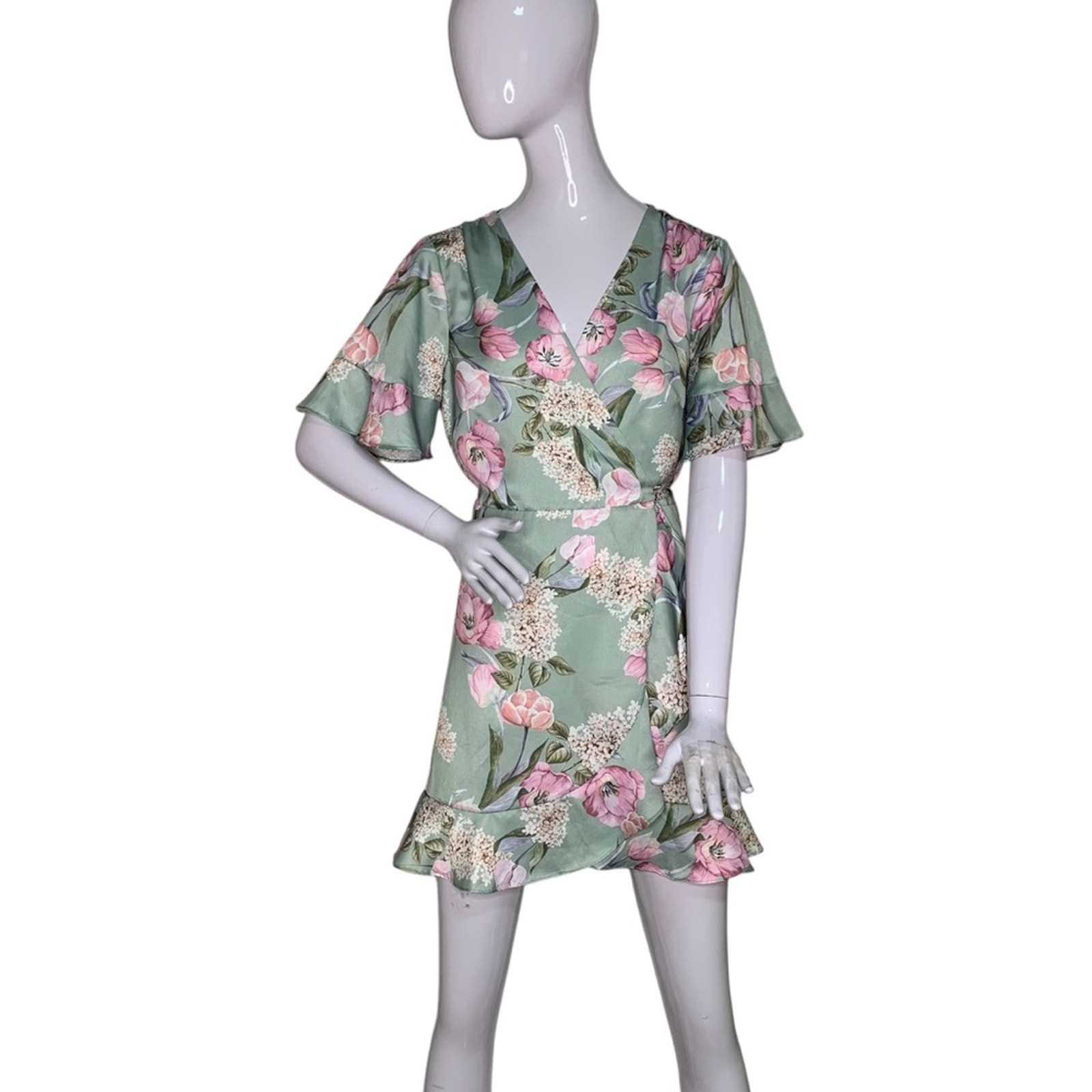 Show Me Your Mumu Mini Wrap Dress Short Sleeve Size M Green & Pink Floral Print